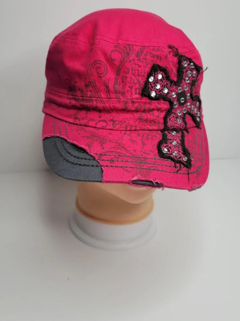 Y2k Kbethos bright pink studded cross scene queen cross mcbling cadet hat